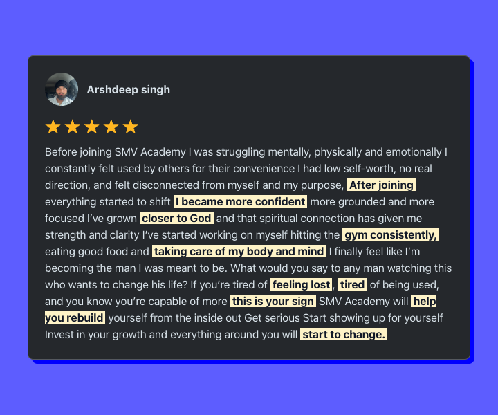 Five-star transformation testimonial from Arshdeep Singh