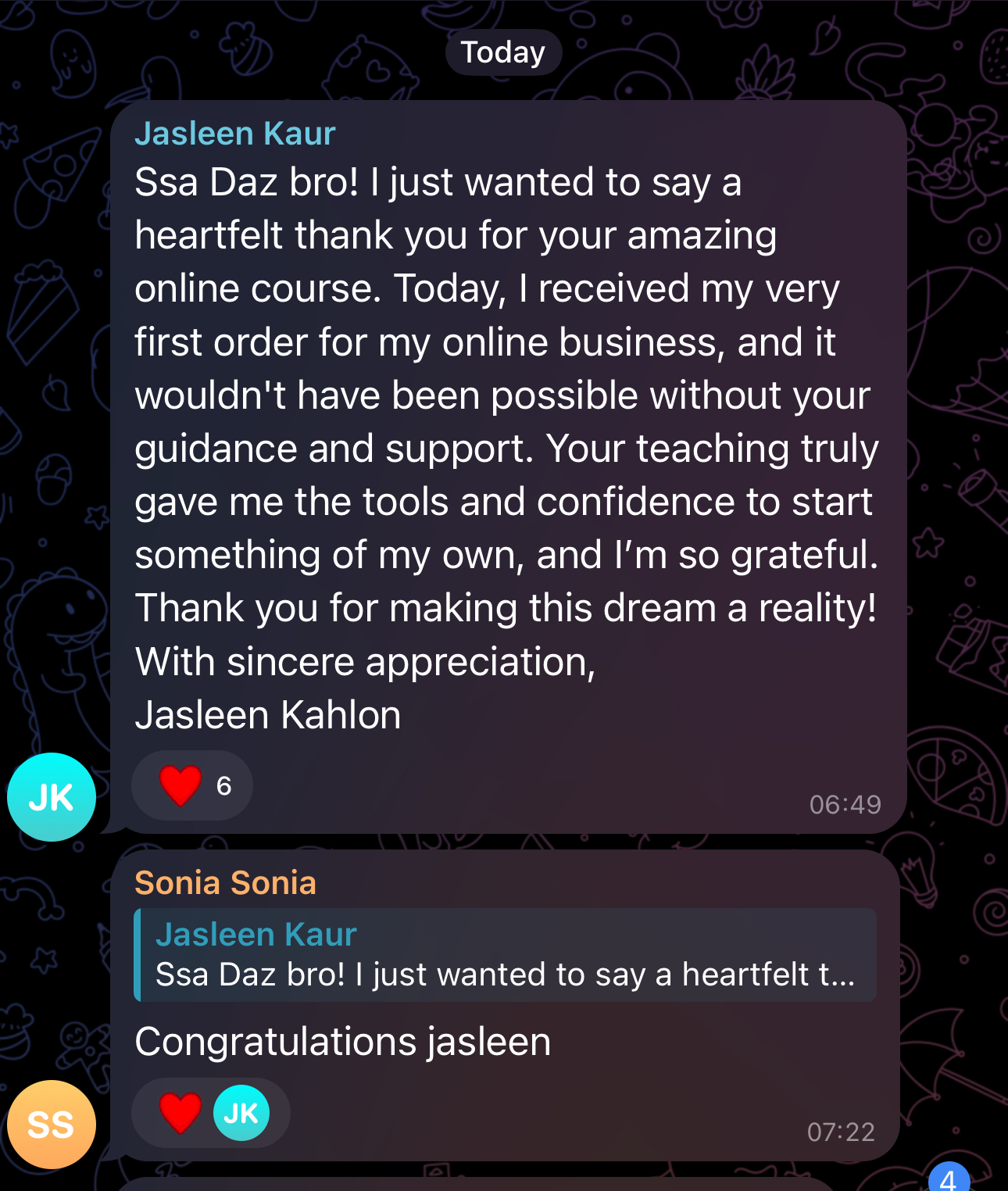 Student Jasleen thanking Daz for her first online order