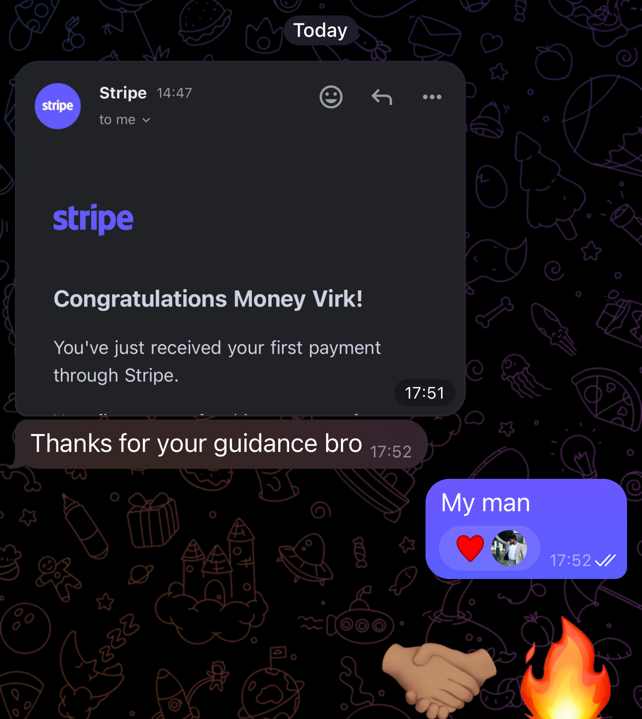 Student Money Virk receiving his first Stripe payment
